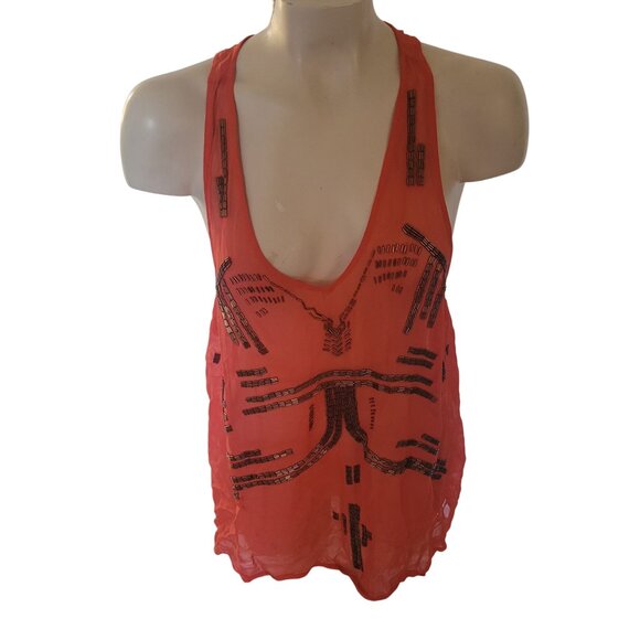 FREE PEOPLE Sheer Orange Beaded Racerback Tank Top M‎ Summer Beach - Picture 2 of 8